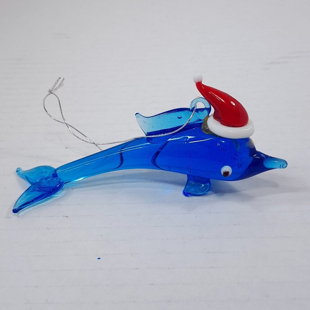 Dolphin Christmas Ornament Santa Hat Blue art‎ Glass Beach Nautical Tree Decor
